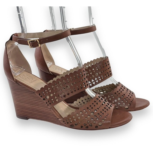 Tory Burch Dress Sandal 8.5 Shoe Brown Leather Gladiator Wedge Heel Perforated - Picture 1 of 9